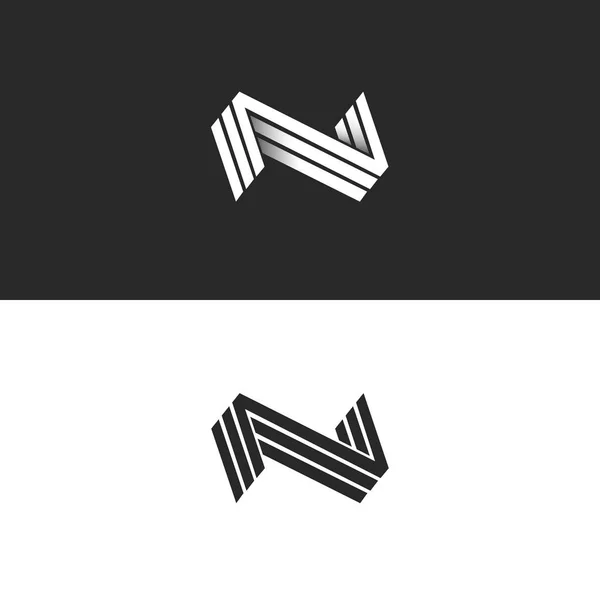 Bokstaven N logotyp tre Nnn mark, isometrisk linjer geometrisk form svarta och vita hipster emblem, identitet 3d typografi design element mockup. Perspektiv minimal stil form med skugga. — Stock vektor