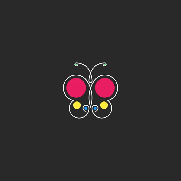 Monogramme de style minimaliste hipster logo papillon, silhouette abstraite bel insecte avec forme géométrique cercle coloré, idée t-shirt imprimé ou modèle d'élément de conception autocollant — Image vectorielle