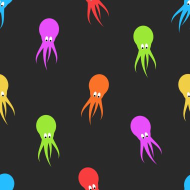 Deniz hayat parlak renklerin karikatür ahtapot seamless modeli. Oceanic colrful hayvan siyah arka plan üzerine doodle. Kumaş ya da kağıt sarma için sonsuz deniz doku.