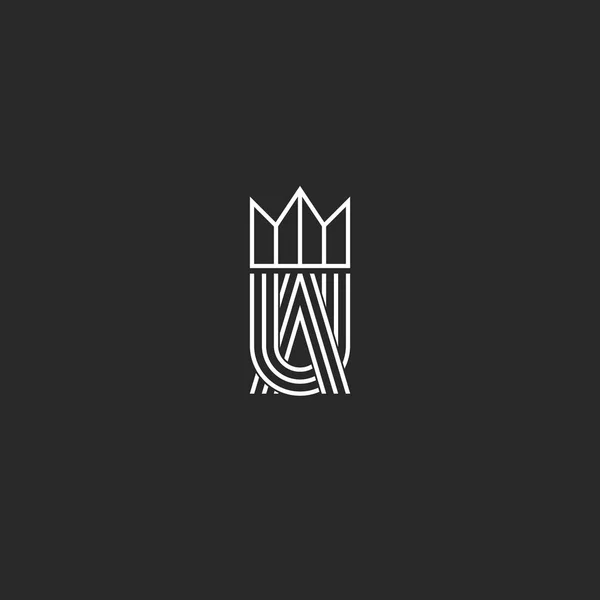 UA letras logotipo monograma y símbolo de la corona, superposición de forma de línea delgada, combinaciones de marcas A y U, tejido elemento de diseño lineal para la tarjeta de boda emblema de la UA — Vector de stock