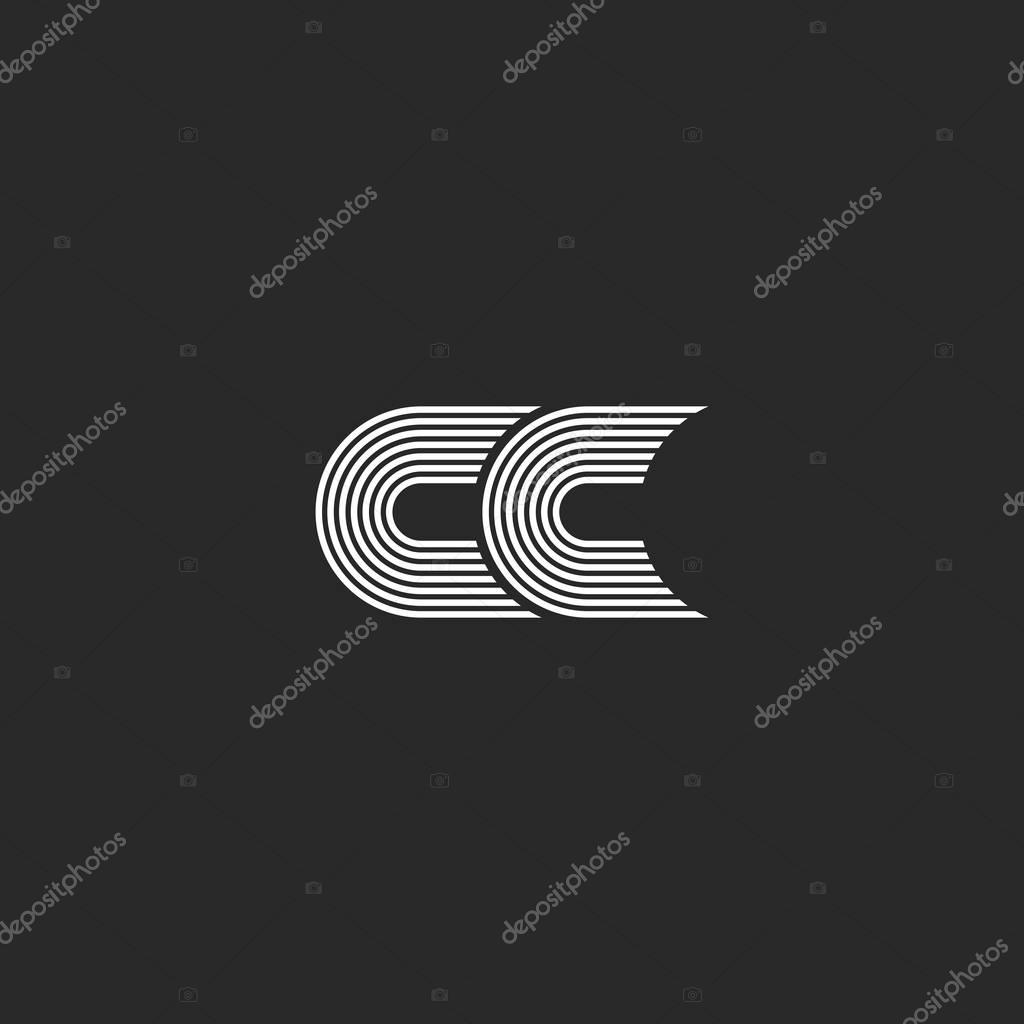 Logo CC monogram letter, simple two C initials together stylish wedding card emblem mockup, parallel lines black and white design element template
