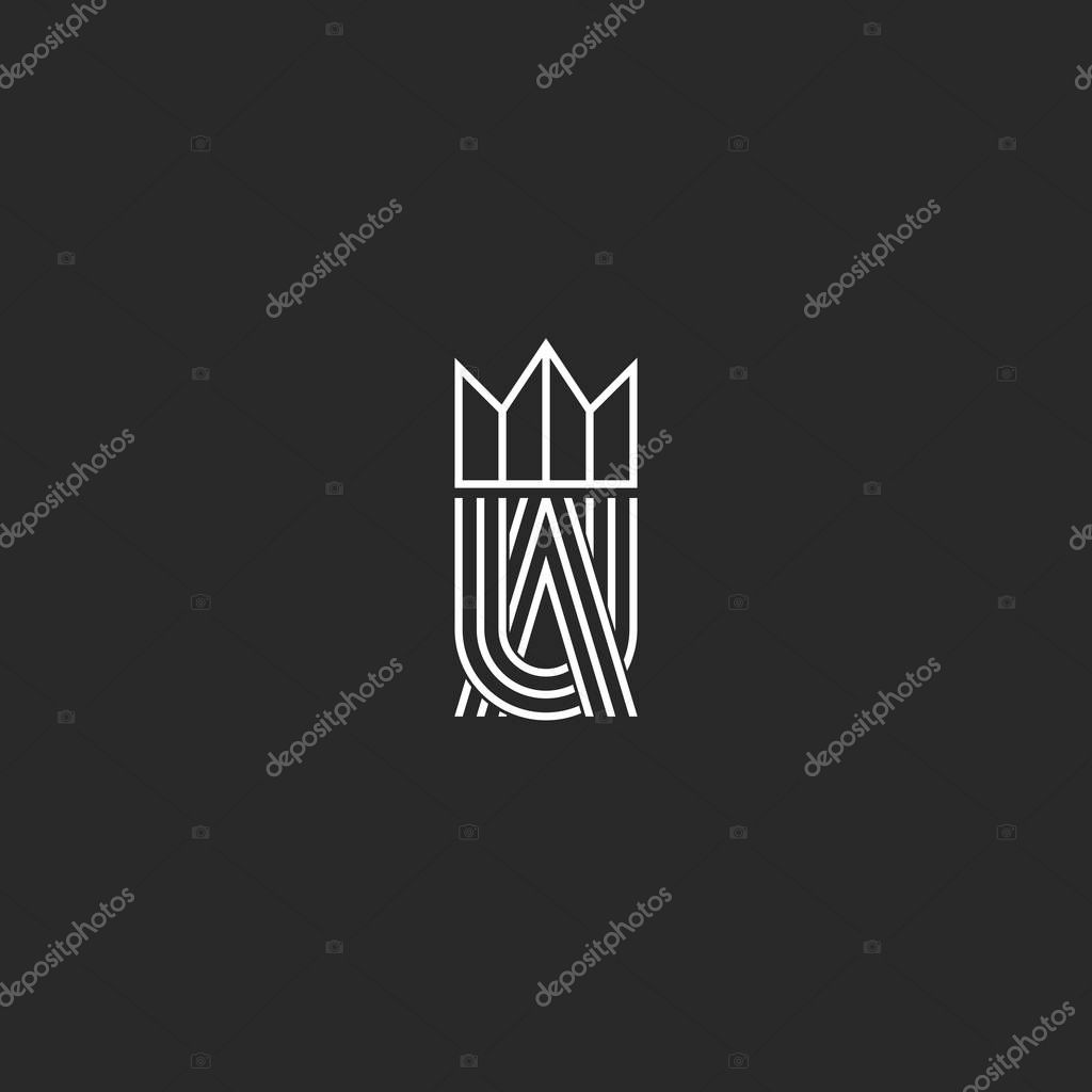 UA letters logo monogram and crown symbol, overlapping thin line shape, combination A and U marks, weaving linear design element for wedding card AU emblem