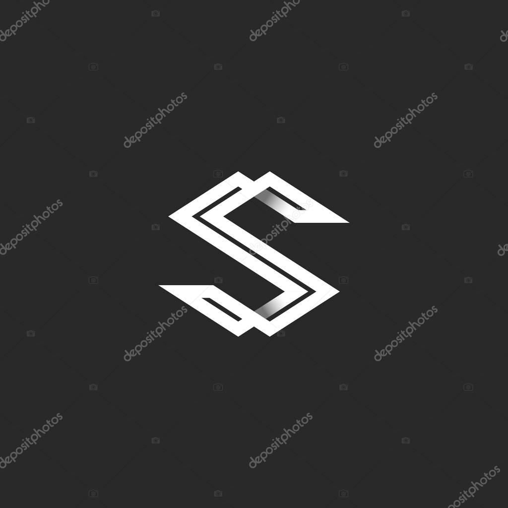 Capital letter S logo monogram. Intersection white angular lines overlapping strips shape SS initials. Typography business card emblem design element mockup.