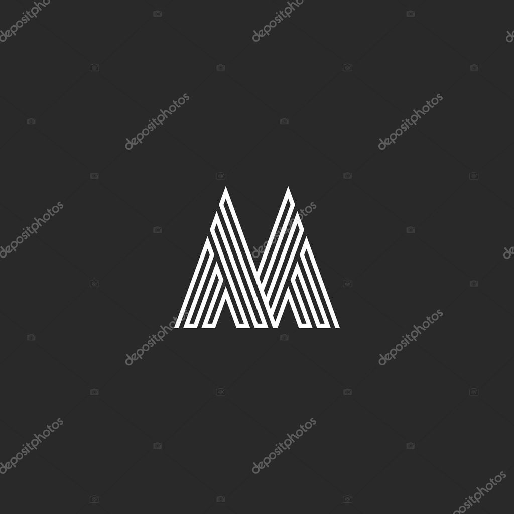 Letter M logo hipster initial mockup, thin broken line monogram decoration, linear black and white design element template, wedding invitation emblem
