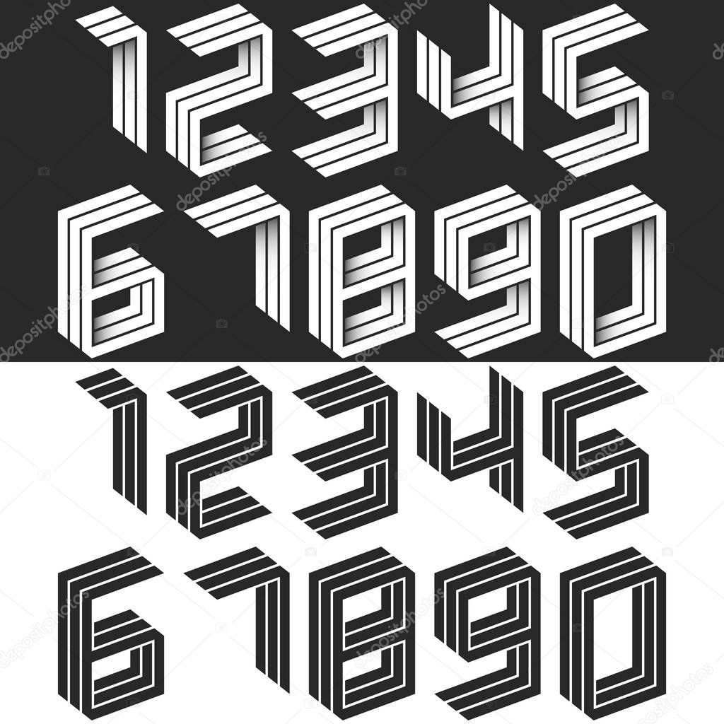 Numbers set isometric geometric shape, black and white creative idea hipster monogram digits form in the perspective. Collection of figures for wedding cards. Mathematical symbols 1, 2, 3, 4, 5, 6, 7,