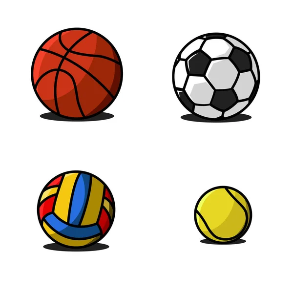 Набор спортивных мячей весело красочный вектор икон. Коллекционный футбол, волейбол, баскетбол, футбол, теннисная группа играют оборудование в мультяшном стиле. Шаблон элемента дизайна — стоковый вектор