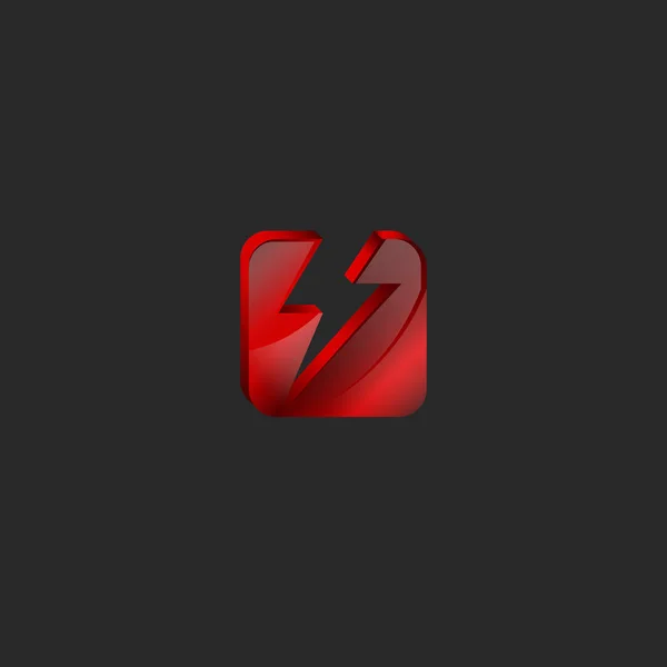 Logotipo quadrado 3d em vidro vermelho ou gema brilhante quebrado em duas partes na forma de um ícone de tecnologia 3d relâmpago — Vetor de Stock