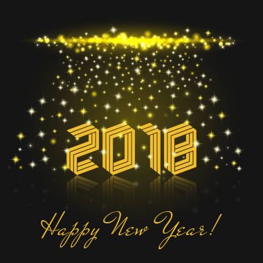Mutlu yeni yıl 2018 sarı izometrik metin. Kış tatil tebrik kartı şablonu vektör çizim. Parlak kompozisyon sabit yıldızlar ve kıvılcım havai fişek veya Bengal ışıklar