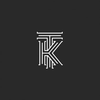 Ortaçağ monogram Tk Logo, kombinasyon baş harfleri T ve K büyük harfler çakışan çizgileri stili, düğün davetiyesi veya kartvizit Kt amblemi mockup ince