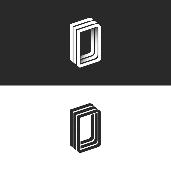 Písmeno D logo perspektiva moderní typografie designový prvek, monogram izometrické tvar Ddd emblému 3d překrývající se paralelní tenké čáry geometrického tvaru — Stockový vektor