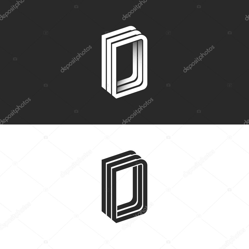 Letter D logo perspective modern typography design element, monogram isometric shape DDD emblem 3D overlapping parallel thin lines geometric form
