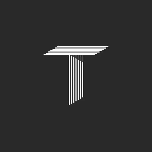 Huruf kapital Mockup logo T, hitam dan putih Banyak garis tipis paralel Inisometrik, 3D sederhana elemen desain tipografi lambang - Stok Vektor