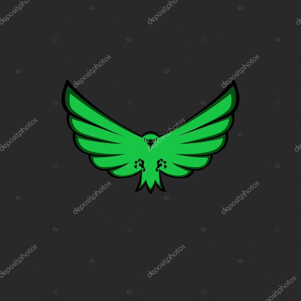 Eagle mascot emblem of green color for esport team, modern logo for print on T-shirt template, front view of bird with spread wings, paws and claws