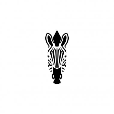 Zebra logo negatif alan stil illüstrasyon kafa. Önden Görünüm siluet Afrika zebra dikey çizgili siyah ve beyaz deri tipografi tasarım öğesi.