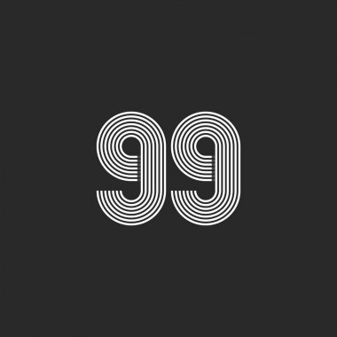 99 numara logo siyah beyaz düşünüyorum paralel çizgiler monogram yaratıcı 99 yıldönümü amblemi, tipografi t-shirt baskı tasarım şablonu