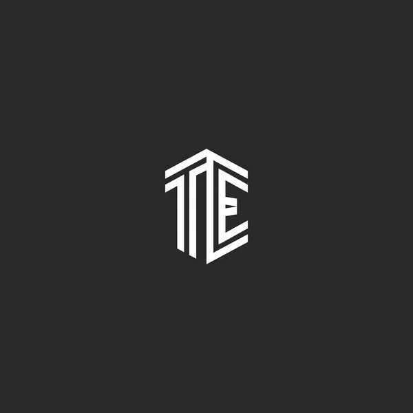 Cartas TE logotipo monograma modelo duas linhas estilo esboço. forma isométrica hipster iniciais ET, combinação T e E marcas para convite de casamento —  Vetores de Stock