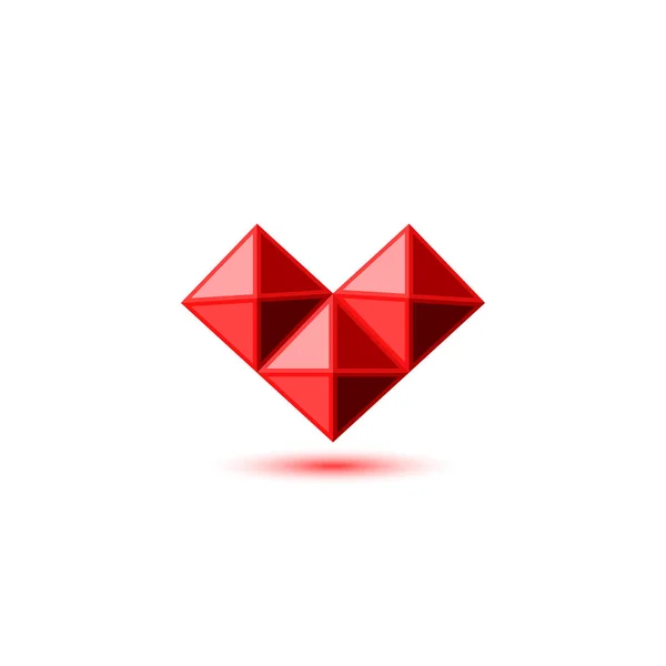 Logo de corazón de rubí rojo cristal en estilo facetado gema. 3d geométrica forma de tres pirámides con sombra. Plantilla de elemento de diseño San Valentín símbolo de amor, emblema de la tarjeta de boda . — Vector de stock