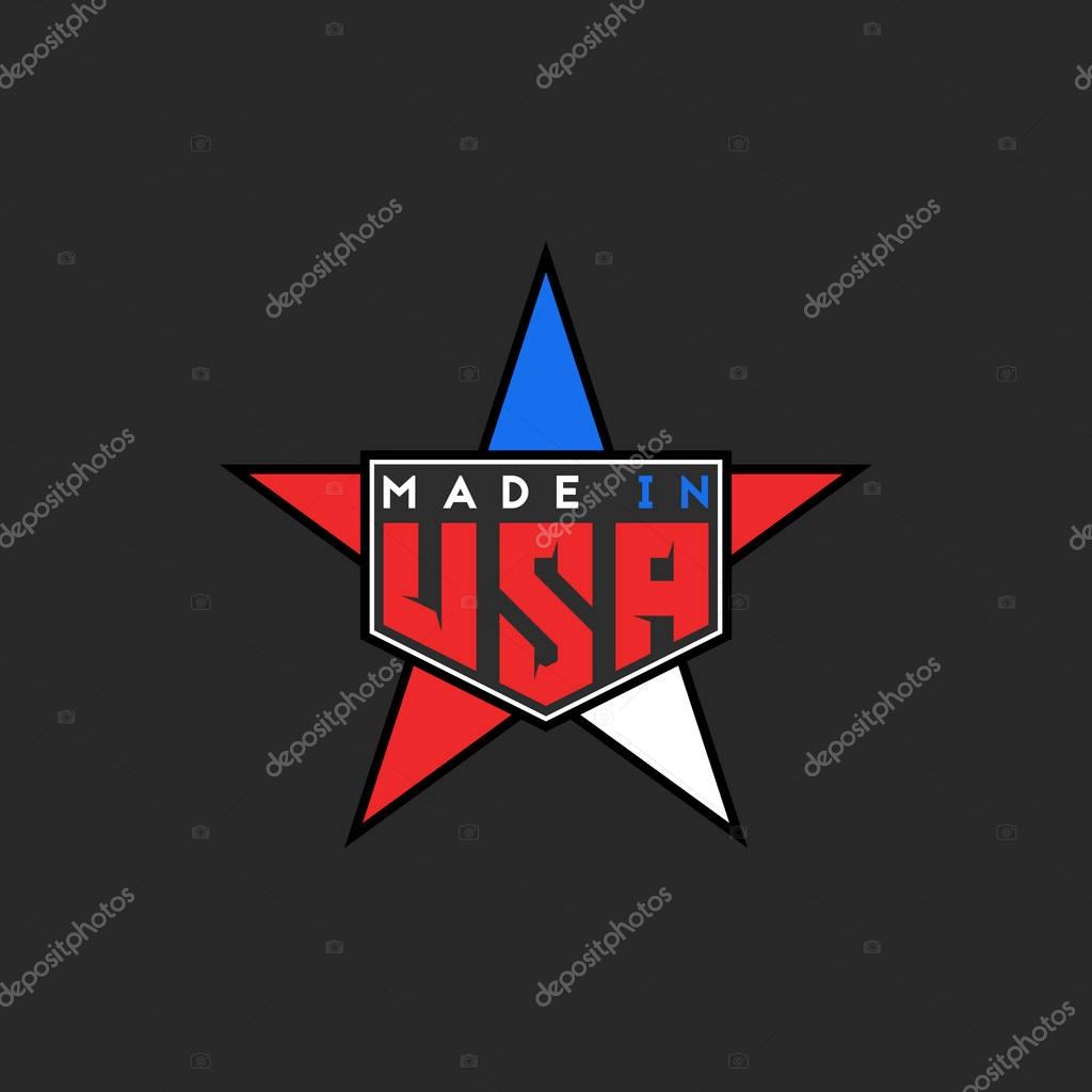 Made in USA logo in form star United States of America flag colors. Patriotic emblem for t-shirt print, badge, tag or sticker.
