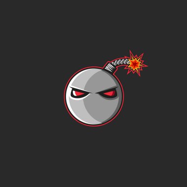 Logo bomba, top mermisi fünye kırmızı kötü gözleri ile ateşe. T-shirt baskı amblemi tasarım öğe şablonu.