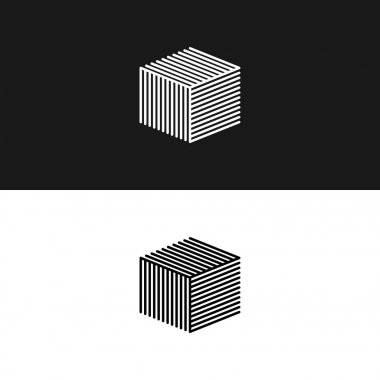 Doğrusal küp logo 3d izometrik mimari kutusu labirent yapısı, yenilikçi bina iç en az geometrik şekil tasarım öğesi