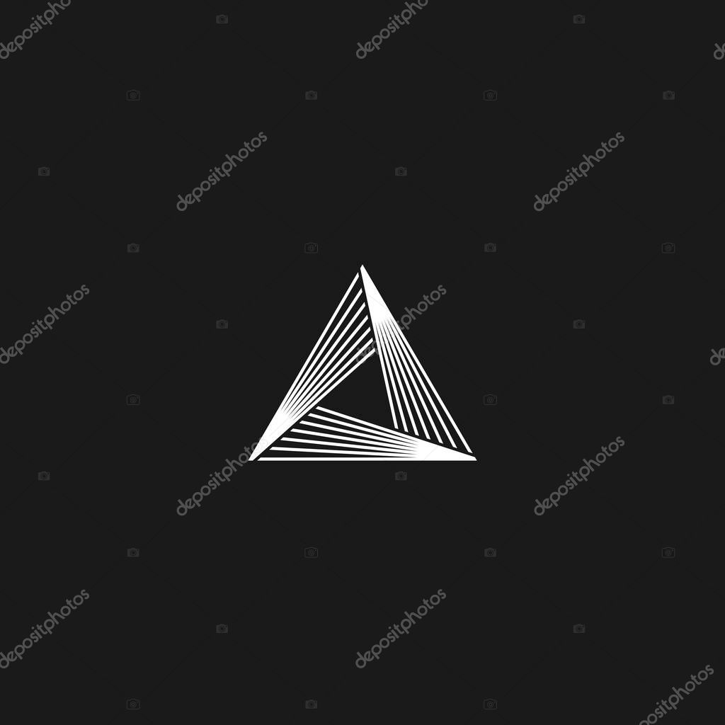 Triangle logo linear infinity geometric pyramid shape, black and white overlapping thin lines hipster monogram minimal style infinite icon