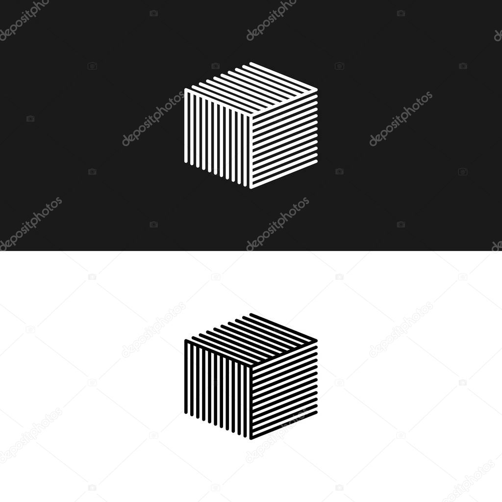 Linear cube logo 3D isometric architecture box maze structure, interior building hipster minimal geometric shape design element