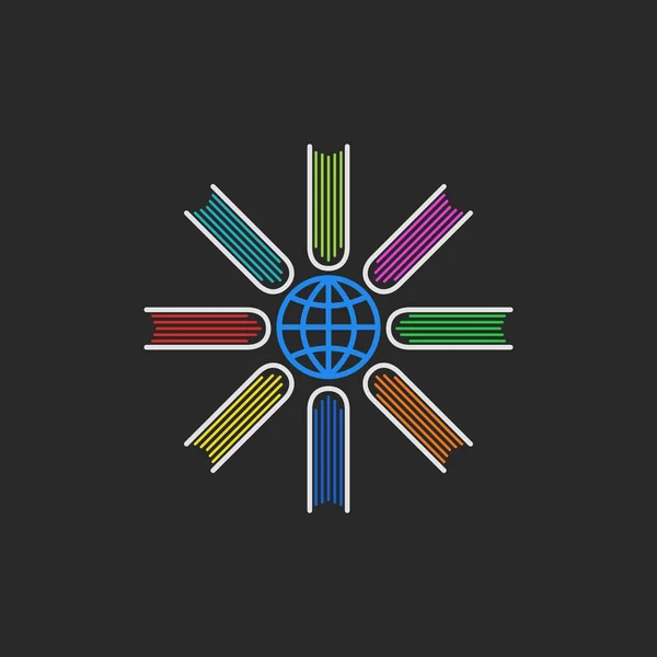 Энциклопедия логотипов, разноцветные книги, расположенные по всему миру, концепция глобальной образовательной программы . — стоковый вектор