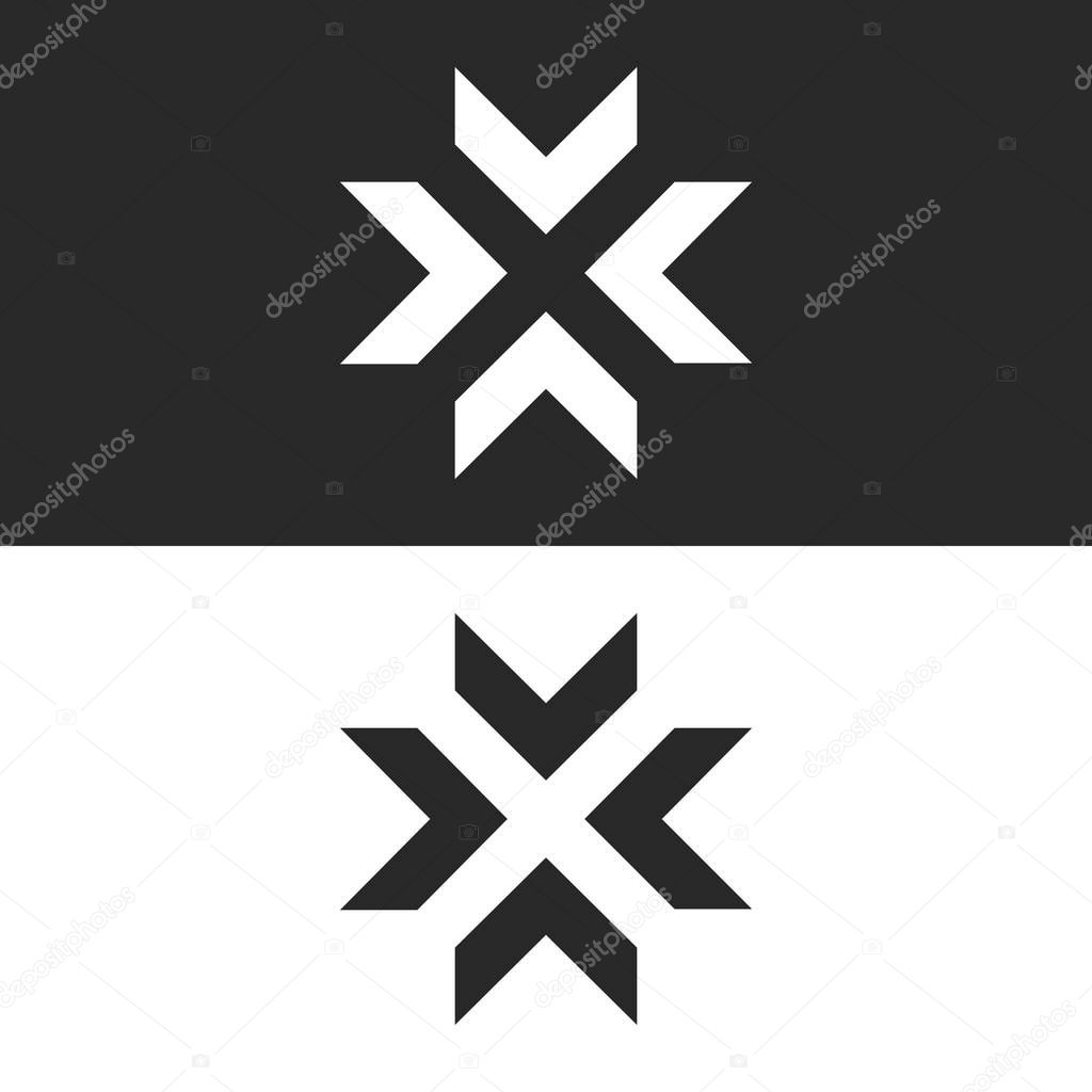 Converge arrows logo mockup, letter X shape black and white graphic concept, intersection 4 directions in center crossroad creative resize icon