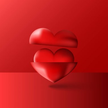 İki parlak 3d kalp kırmızı, mor birim besteleri, mutlu Sevgililer günü tebrik kartı, poster, afiş veya romantik parti, gerçekçi malzeme pop sanat tasarım öğesi seviyorum