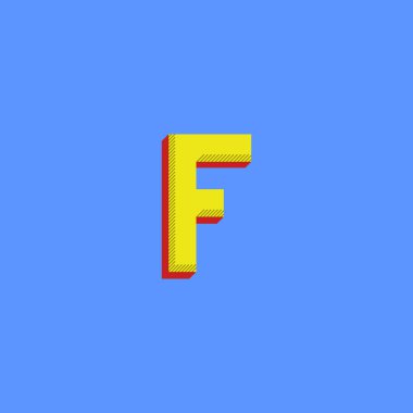 Logo F harfi. Noktalı resim renk tipografi minimalist amblemi mockup yazdırın. Mavi arka plan üzerinde kırmızı gölge efektli izometrik ilk sembolü
