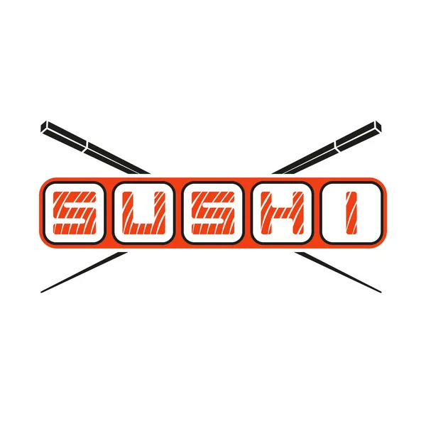 Ordet sushi logotypen med hasy pinnar, japansk mat i form av rullar, ursprungliga bokstäver av textur av lax fisk kött. Mockup emblem för sushi meny eller mat leverans. — Stock vektor