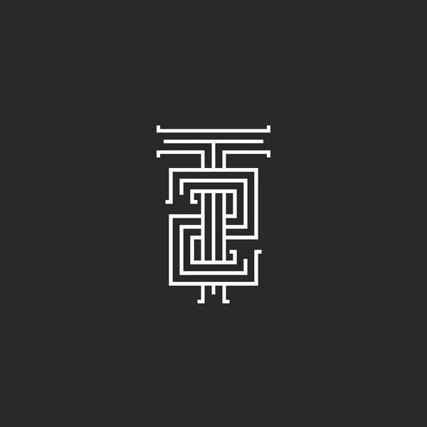 Hipster iniciales logo T2, combinación letra T número 2 lineal estilo minimalista en blanco y negro — Vector de stock