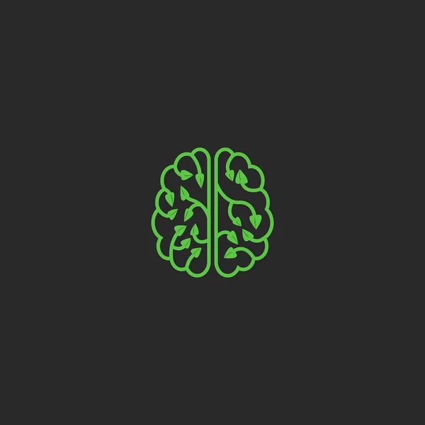 Hjärnan logotyp eco kreativ designelement. Tänk tanken ekologi konceptet växt blad. Naturlig teknologi laboratorium, brainstorm logotype. — Stock vektor
