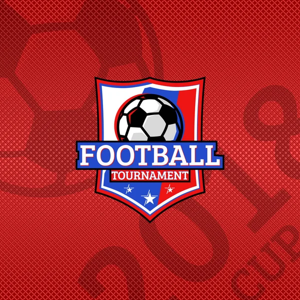 2018 Copa de futebol logotipo, bola de futebol na bandeira da Rússia cores nacionais esporte emblema, cartaz do campeonato fundo vermelho —  Vetores de Stock