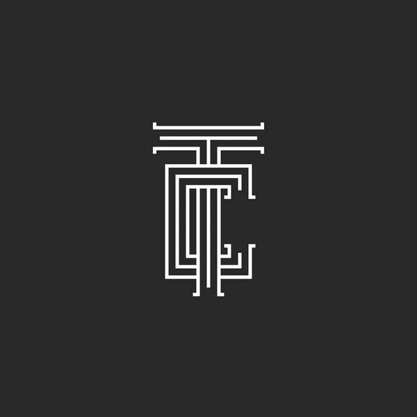 TC γράμματα λογότυπο μεσαιωνικό μονόγραμμα, παράλληλα γραμμές γραμμικής τέχνης σύμβολο Ct, δύο γράμματα σημάδια T και C, αρχικά γάμου — Διανυσματικό Αρχείο