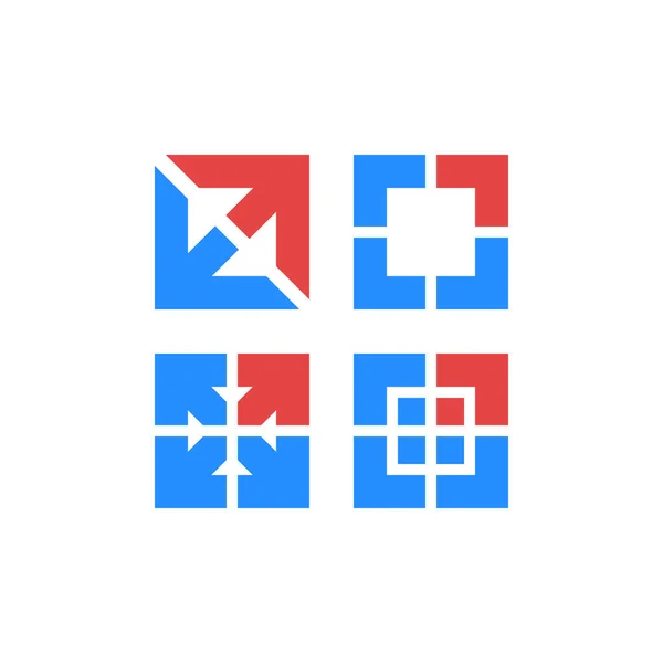 Diverge arrows logo set, red and blue progress symbol, delivery direction emblem — Stock Vector