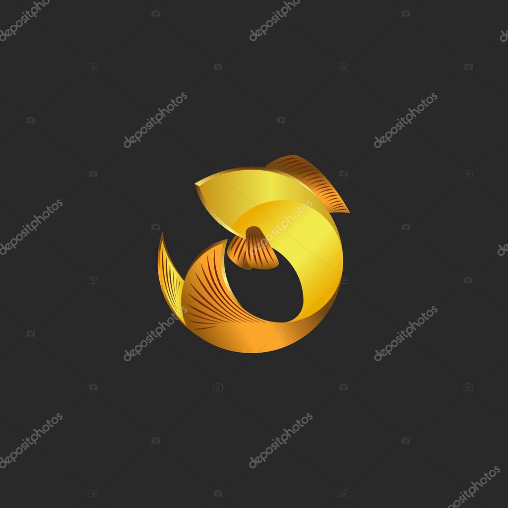 Gold fish logo in the shape of a circle, the abstract goldfish silhouette of an animal from a golden gradient