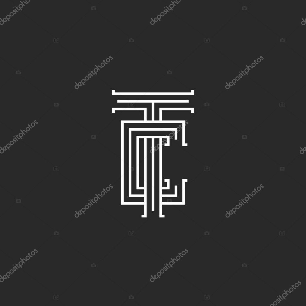 TC letters logo medieval monogram, parallel lines linear art CT symbol, two letters T and C marks, wedding initials