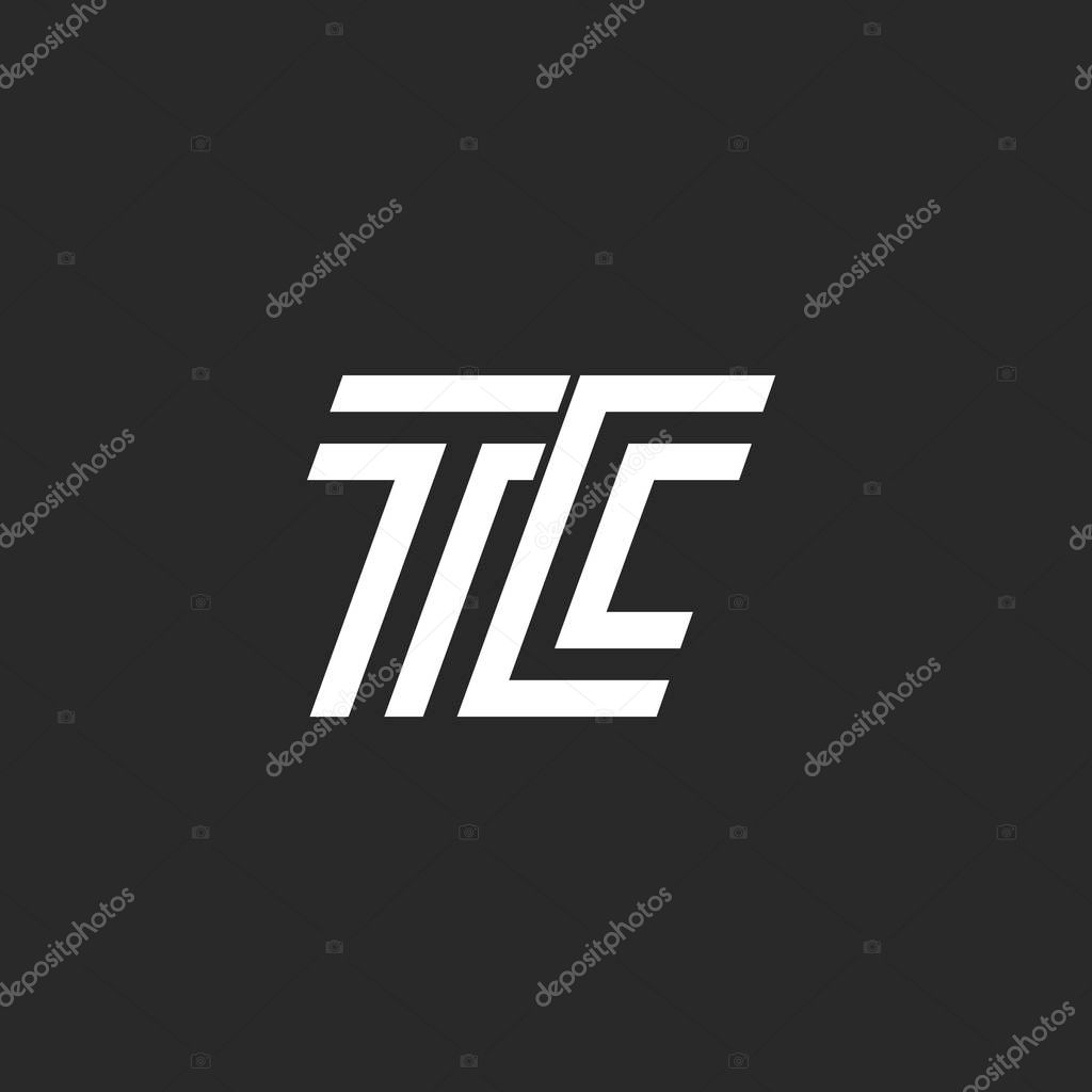 Monogram letter TC logo, linked two capital letters C and T emblem black and white linear minimal style, initials signature CT typography design element for business card