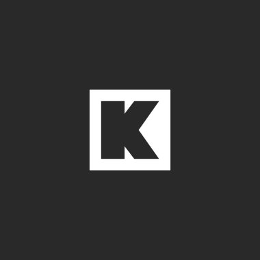 K harfi logo monogram kare çerçeve geometrik şekil, basit doğrusal ilk amblemi, siyah ve beyaz tipografi tasarım öğe şablonu