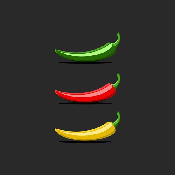 Mockup logo peperoncino piccante, messicano jalapeno rosso, verde, vettoriale colori gialli impostato isolato su sfondo nero — Vettoriale Stock
