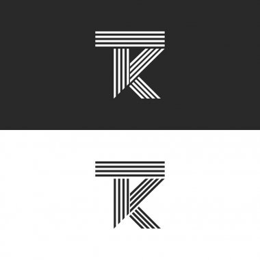 Logo Tk harf kombinasyonu örtüşen iki mektup T ve K doğrusal stil, monogram. Siyah ve beyaz paralel çizgiler Kt en az stil amblem logo tasarım şablonu.