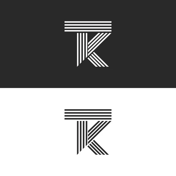 Logo TK huruf monogram gaya linear, kombinasi tumpang tindih dua huruf T dan K. Garis paralel hitam dan putih KT gaya minimal emblem template desain logotype . - Stok Vektor