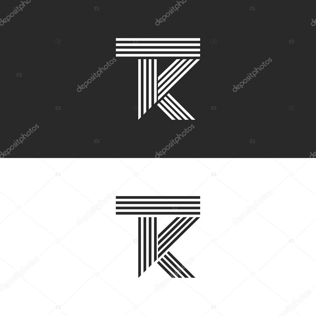 Logo TK letters monogram linear style, combination overlapping two letters T and K . Black and white parallel lines KT minimal style emblem logotype design template.