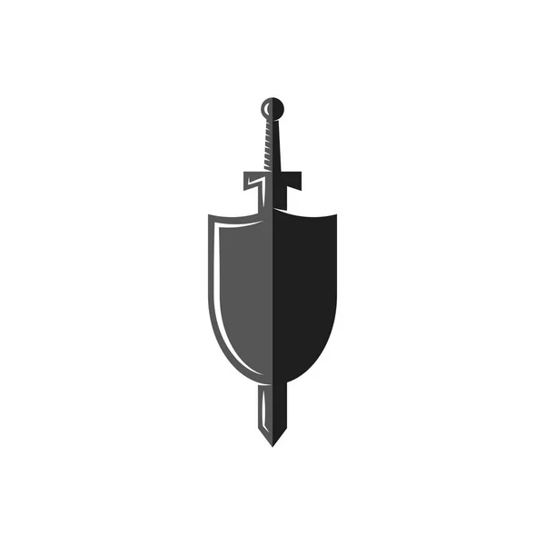 Logo du bouclier et de l'épée, arme du chevalier médiéval, emblème historique du tournoi des batailles médiévales — Image vectorielle