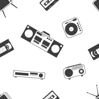 Retro ev elektroniği, düz desen, eski tarz 80 'li ve 90' lı yılların siyah ve beyaz düz nesneleri düz bant, kaset kaydedici, VCR, video kasetler, radyo, turntable, analog TV
