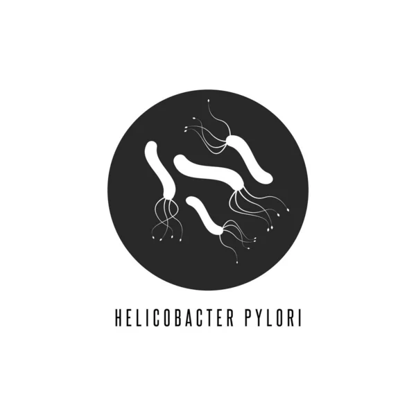 Helicobacter pylori logotipo gástrico bactéria médica ícone redondo com texto ilustração vetor preto e branco em estilo mínimo — Vetor de Stock