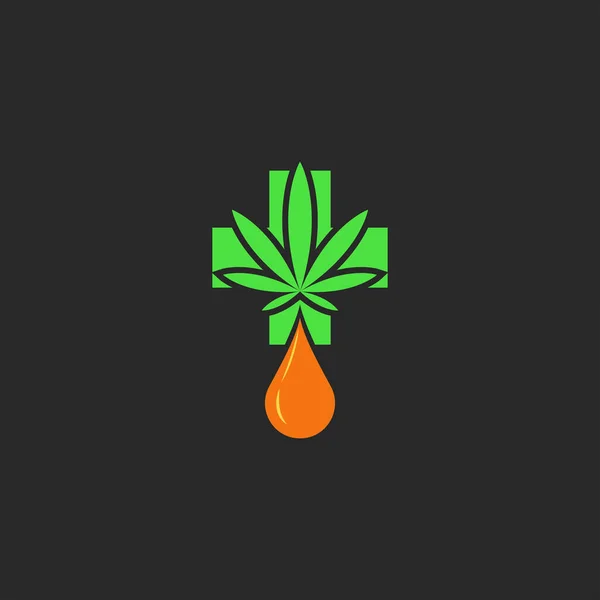 Cannabisblatt und grünes Kreuz cbd drop oil logo mockup, medizinisches Marihuana Emblem — Stockvektor