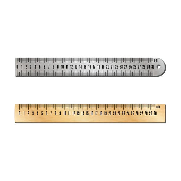 Metal e centímetros de madeira réguas retas objetos vetoriais realistas dispositivos de medição vista close-up —  Vetores de Stock