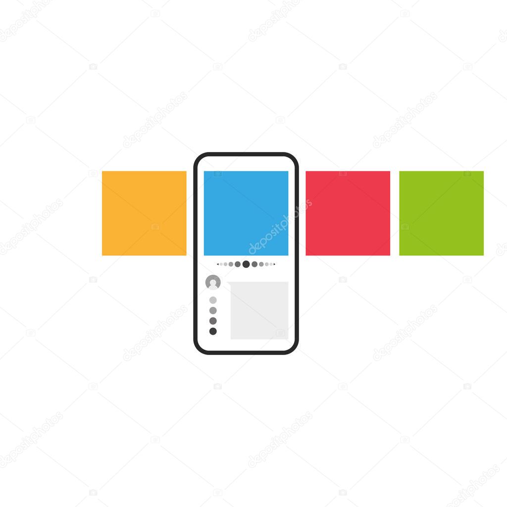 Smartphone with multicolored square web carousel post interface mockup on social network app concept. UI vector illustration.